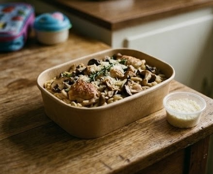 A dinner box of chicken and mushroom orzo topped with parmesan and fresh rosemary.