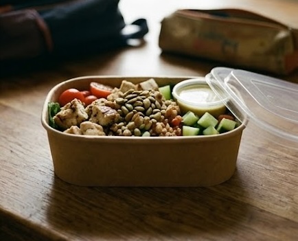 A dinner box of chicken with cucumber, tomato, seeds and grains, with a small pot of dressing.