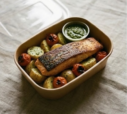 A dinner box of salmon with herbed chat potatoes, roast cherry tomatoes and a pot of salsa verde.