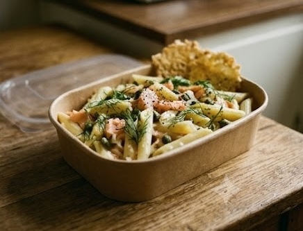 A dinner box of creamy penne with salmon and dill, served with a parmesan crisp.