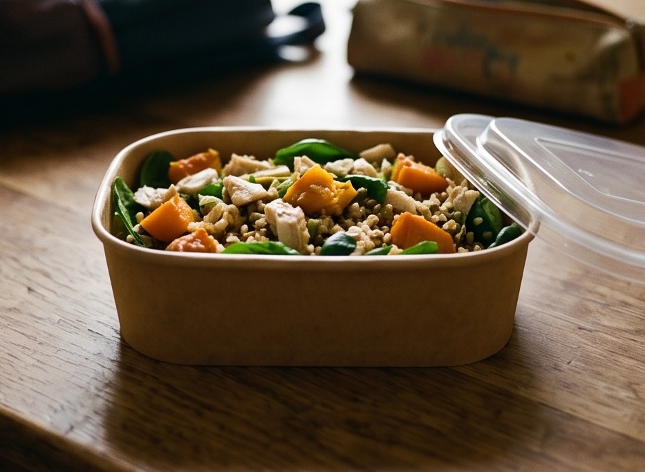 A dinner box of chicken with roast pumpkin, snow peas, spinach and grains, sitting on a kitchen table beside a school bag.