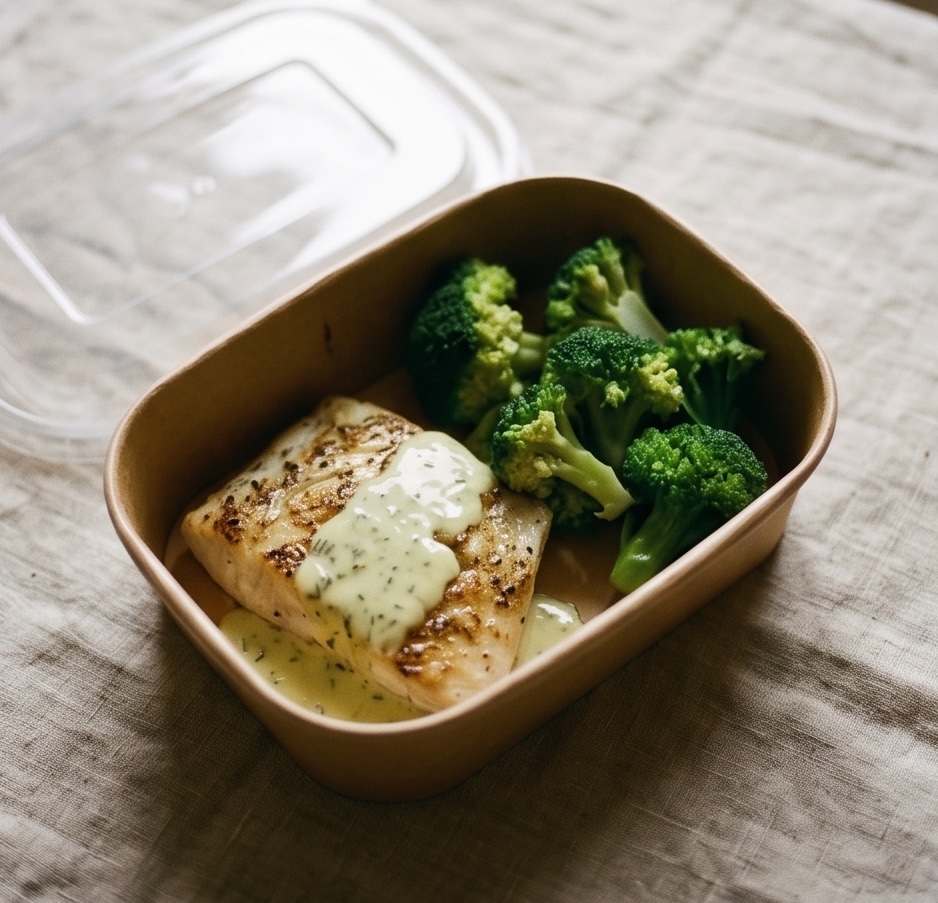 A dinner box holding a fillet of fish in a creamy herb sauce with a generous serve of steamed broccoli.