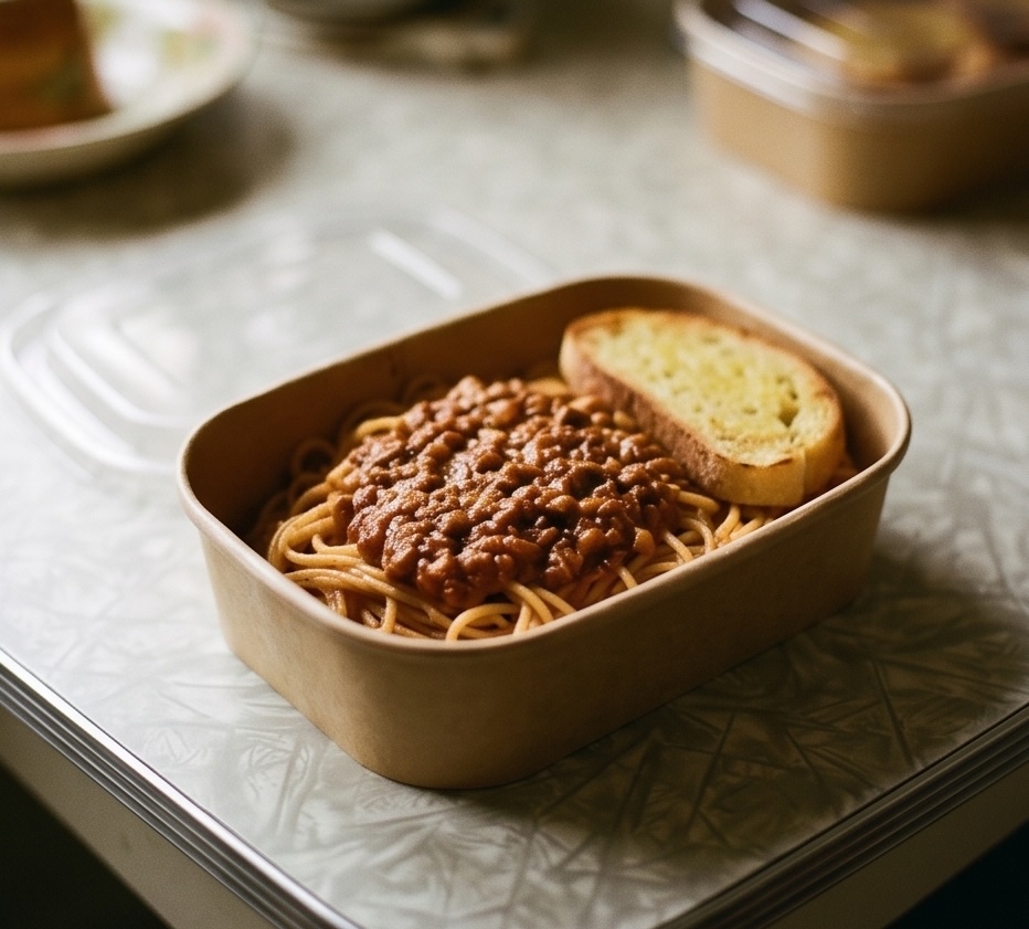 A dinner box of spaghetti bolognese with a thick slice of garlic bread.