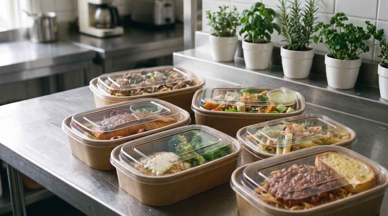 Six dinner boxes sealed with clear lids, packed and ready to leave a clean stainless steel commercial kitchen.