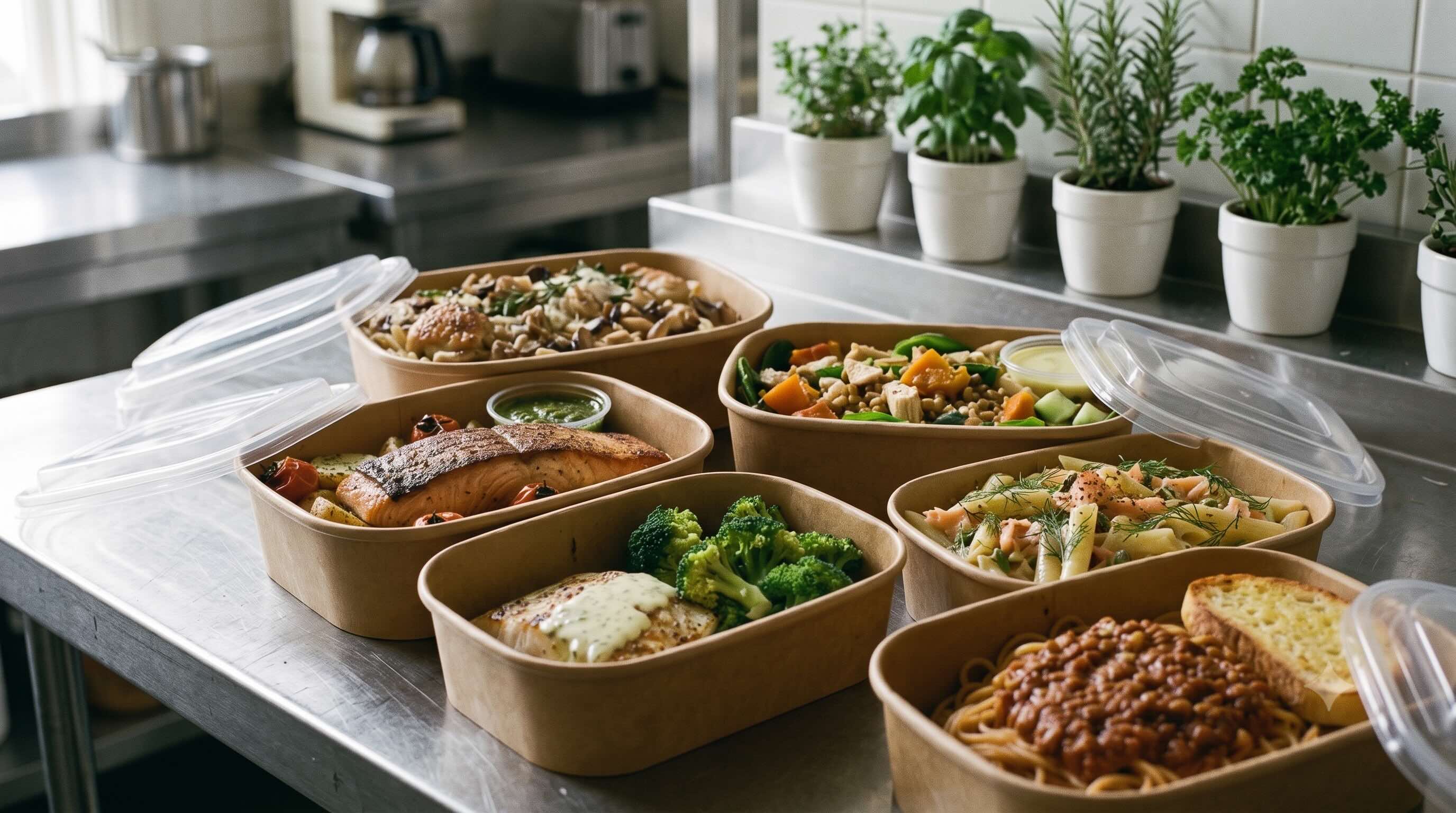 Freshly made dinner boxes lined up on a stainless steel kitchen bench, with pots of basil, rosemary and parsley behind them.
